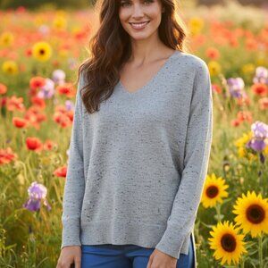 Loft S Women's Gray Flecked V Neck Tie Back Sweater Boho Cottage Casual